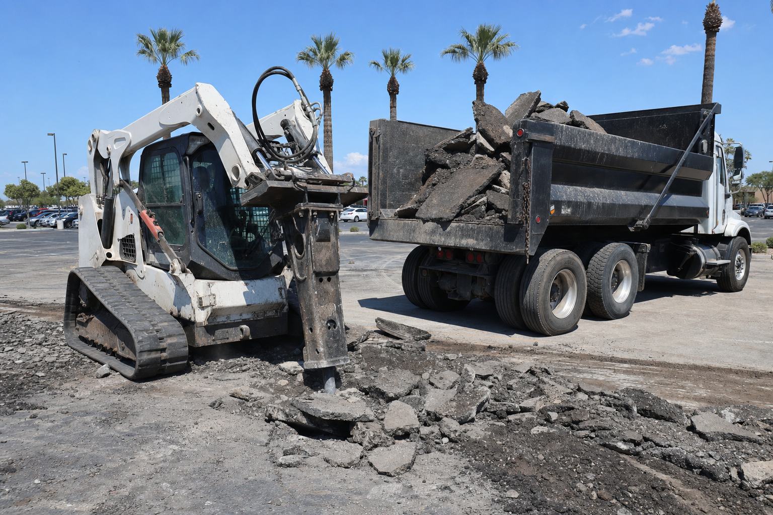 Skid-steer with hydraulic hammer breaking up parking lot asphalt next to a loaded dump truck.