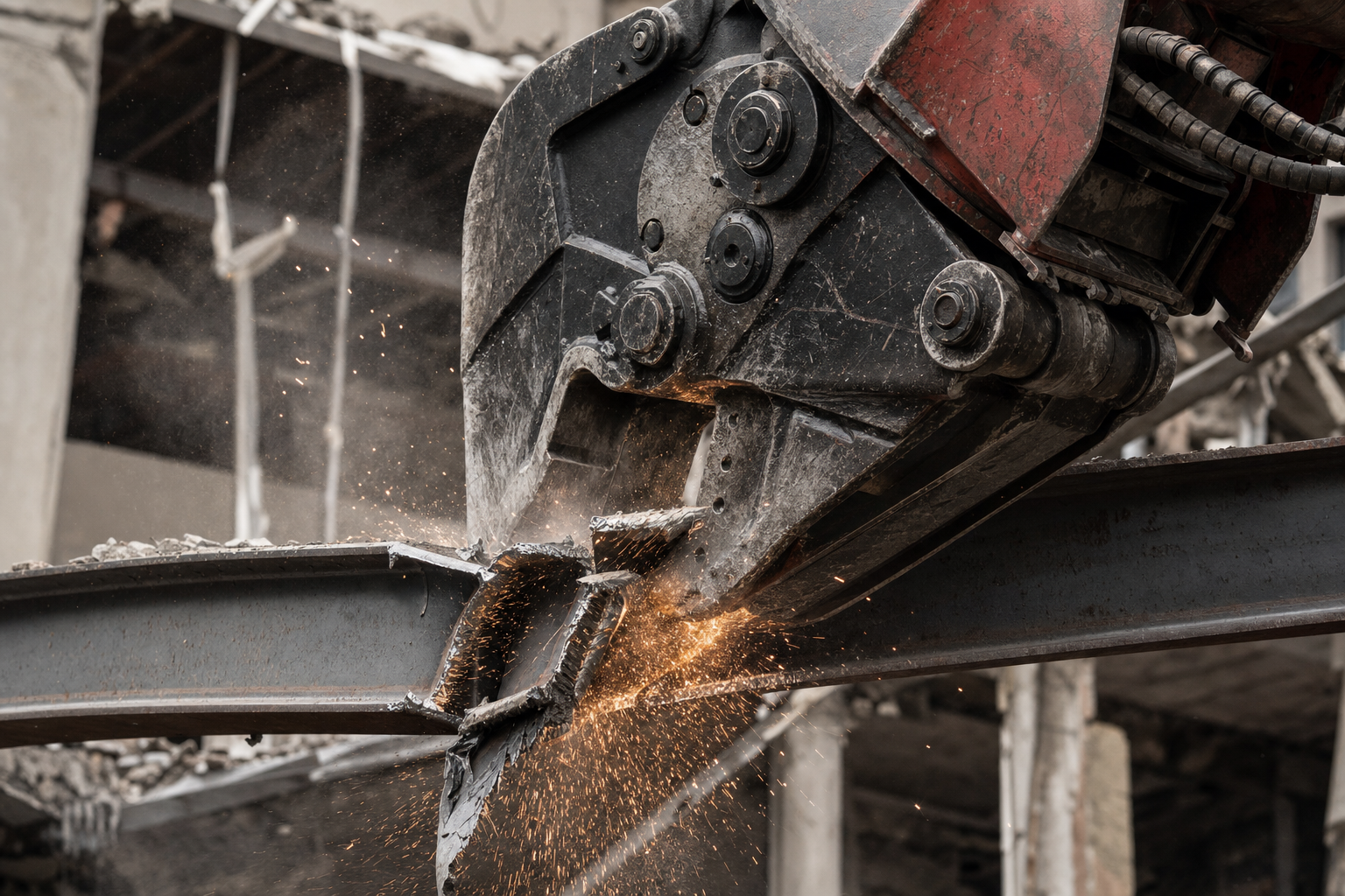 Hydraulic shear cutting through a steel I-beam during demolition.