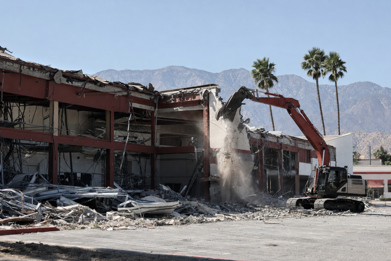 A red excavator pulling down an exterior wall of a Southern California commercial building, with mountains and palm trees in the background.