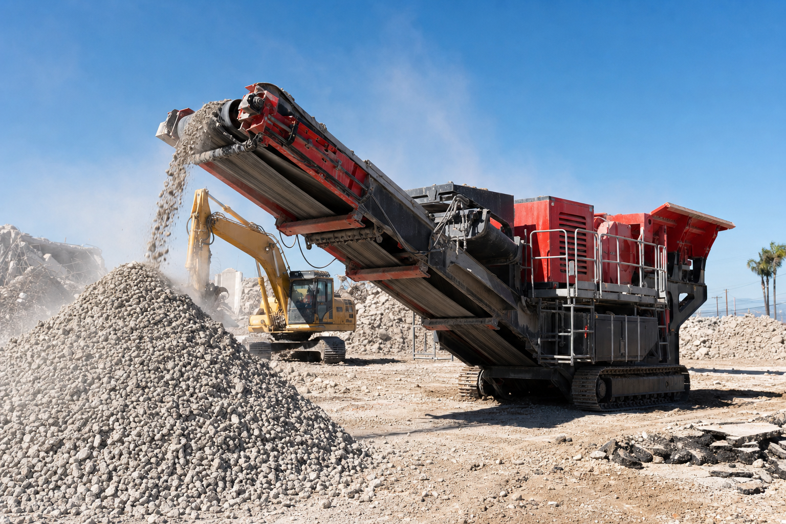 Hydraulic concrete crusher producing recycled aggregate on a Southern California job site.