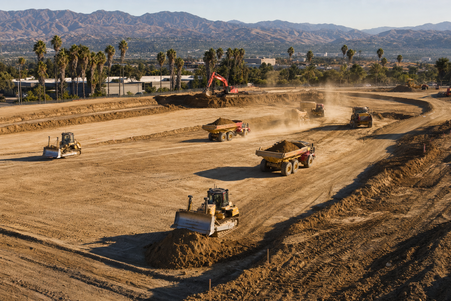 Aerial view of bulldozers and dump trucks grading a building pad in Southern California.